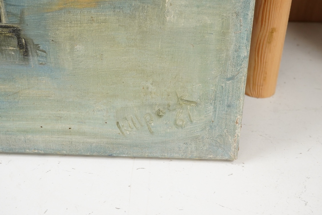 Killpack, Mid century abstract study, signed and dated '61, oil on canvas, John Skelton label verso, unframed, 55 x 75cm